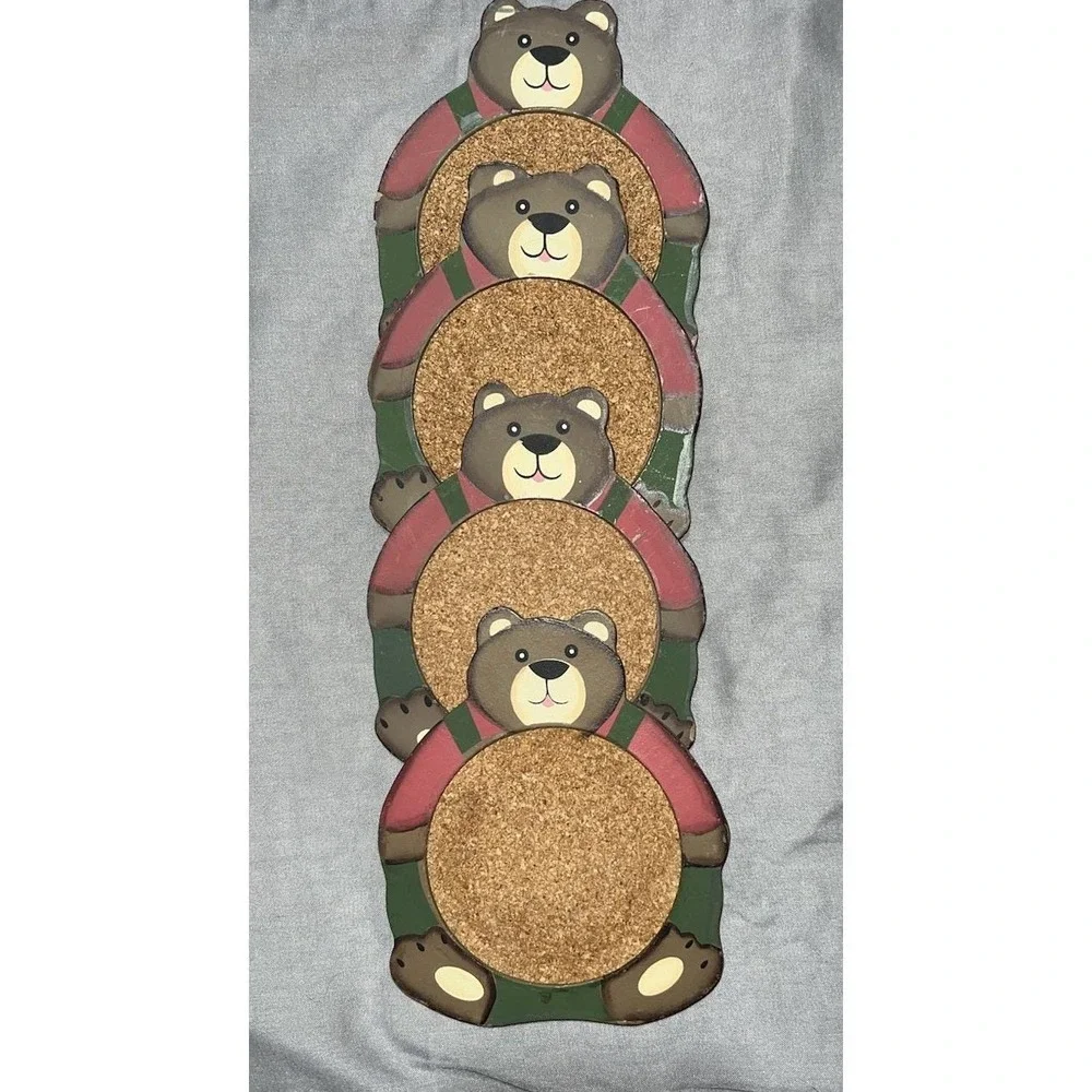 Christmas Teddy Bear Coaster‎ Set Wooden Country Bears Cork